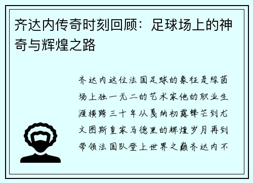 齐达内传奇时刻回顾：足球场上的神奇与辉煌之路