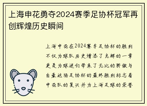 上海申花勇夺2024赛季足协杯冠军再创辉煌历史瞬间
